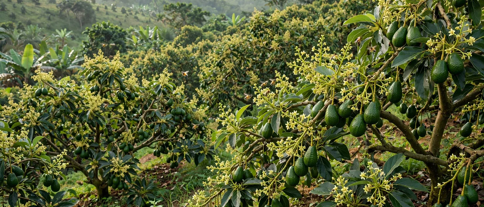 Huerto de aguacate Hass cargado de fruto, con abejas polinizando entre las flores.