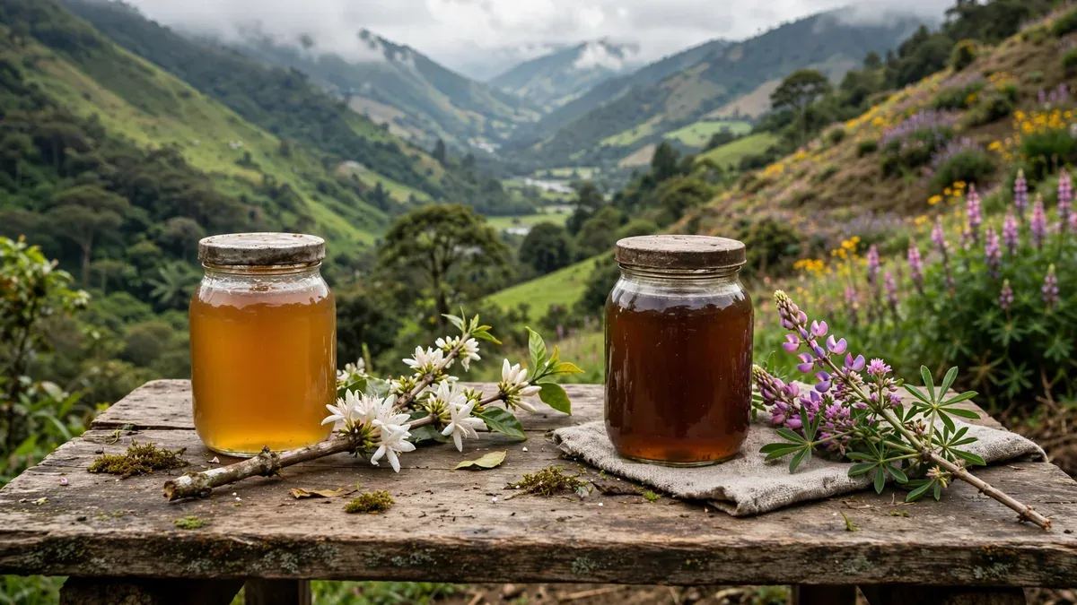 Dos paisajes, dos mieles: dos frascos de miel de color distinto frente a dos floraciones diferentes, una verde de valle húmedo y otra de otro ecosistema, mostrando que cada miel recoge la flora de donde las abejas recolectan.