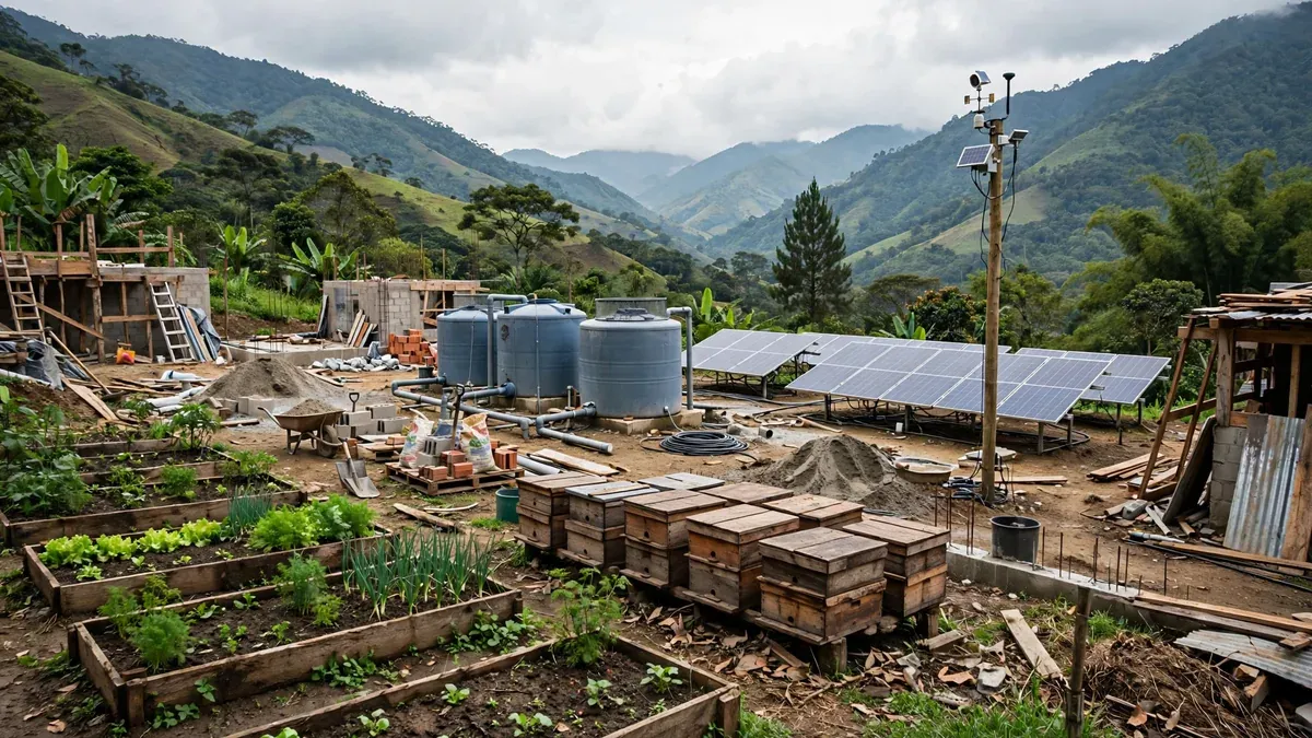 Vista general de una finca en construcción donde se ven varios subsistemas a la vez: paneles solares, tanques de agua, huerta, cajas de abejas sin aguijón y una pequeña caja de sensores, sobre ladera verde.