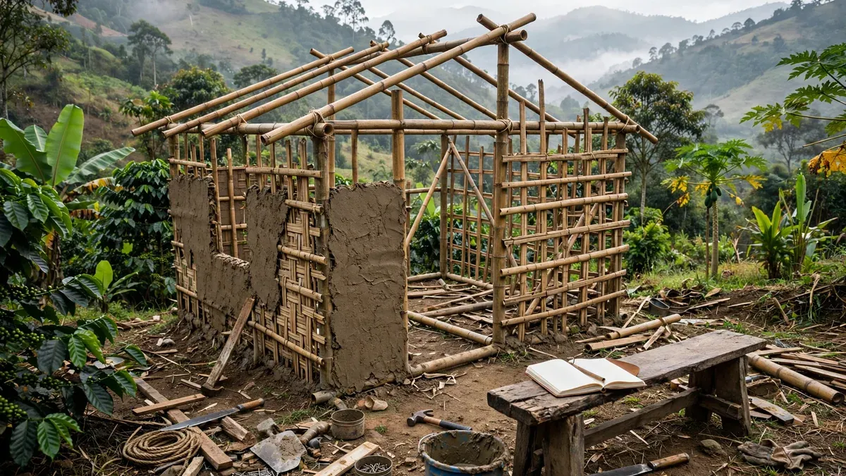 Una minicasa rural en proceso de autoconstrucción: estructura de guadúa a medio levantar, herramientas y un cuaderno personal sobre un banco de madera, entorno de campo.