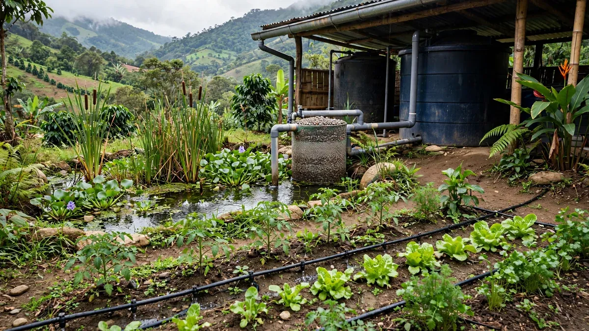 Sistema de agua de ciclo cerrado en una finca: tanques de captación de lluvia con canaletas, un filtro y un humedal de tratamiento de aguas grises con plantas acuáticas, con riego por goteo hacia la huerta.