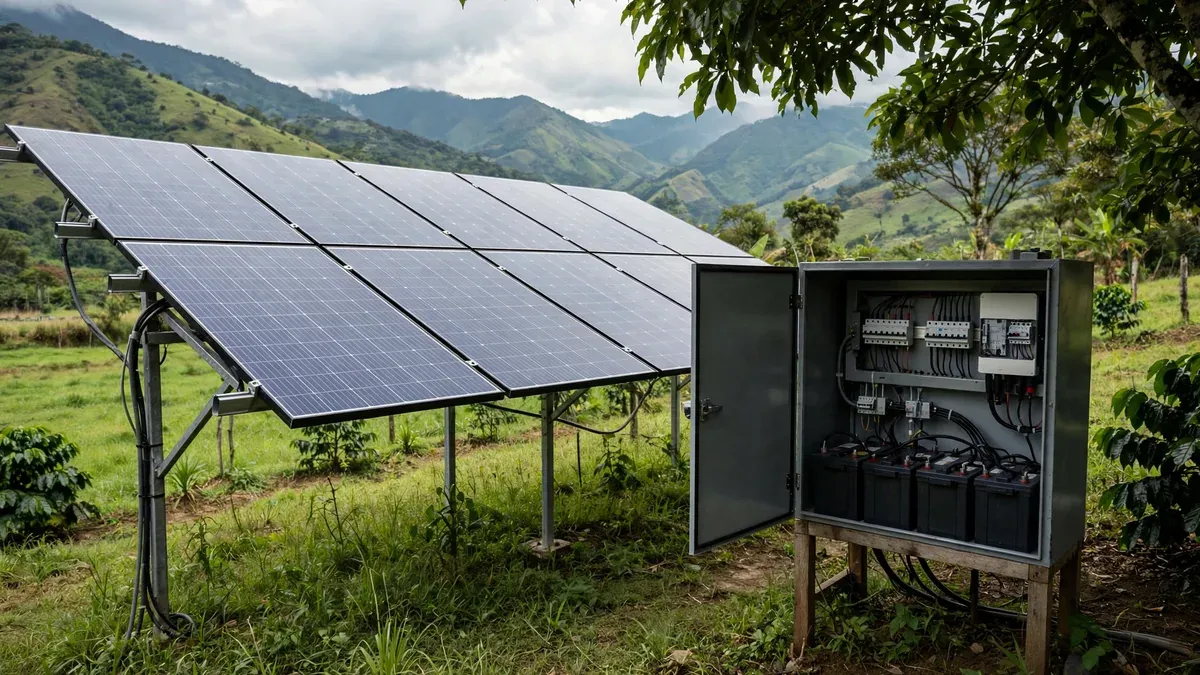 Sistema solar fotovoltaico off-grid: varios paneles sobre estructura metálica en un claro, con el banco de baterías y el inversor resguardados en una caja técnica a la sombra; campo verde y montañas.