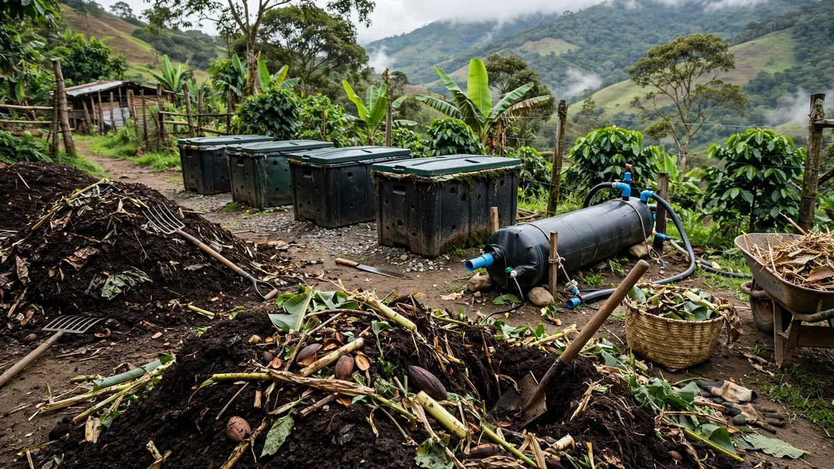 Bio-refinería doméstica en una finca: composteras térmicas en fila, un biodigestor pequeño de tubo y restos de cosecha incorporándose a pilas de compost maduro.
