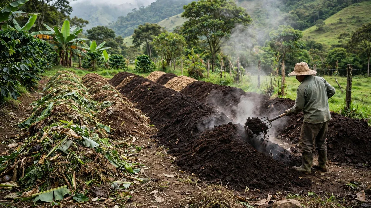 Compostaje rural: una hilera de pilas de compost en distintas etapas, de fresco a maduro oscuro, con una herramienta volteando una pila que desprende vapor; vegetación de finca al fondo.