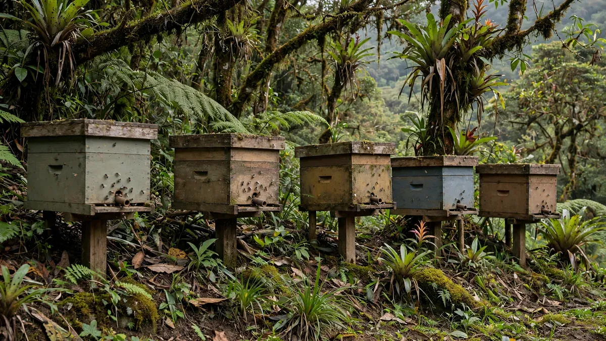 Meliponario: hileras de cajas rústicas de abejas sin aguijón (meliponas) bajo sombra de árboles en el borde de un bosque, con piqueras discretas.