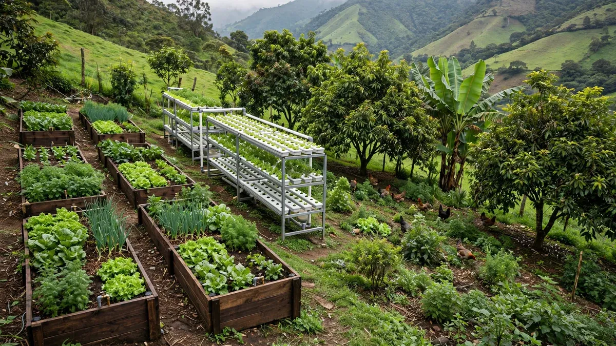 Agroecosistema productivo con tres formas de cultivar a la vez: camas elevadas tipo wicking bed, un tramo hidropónico y un sistema agroforestal con árboles de sombra, en ladera.