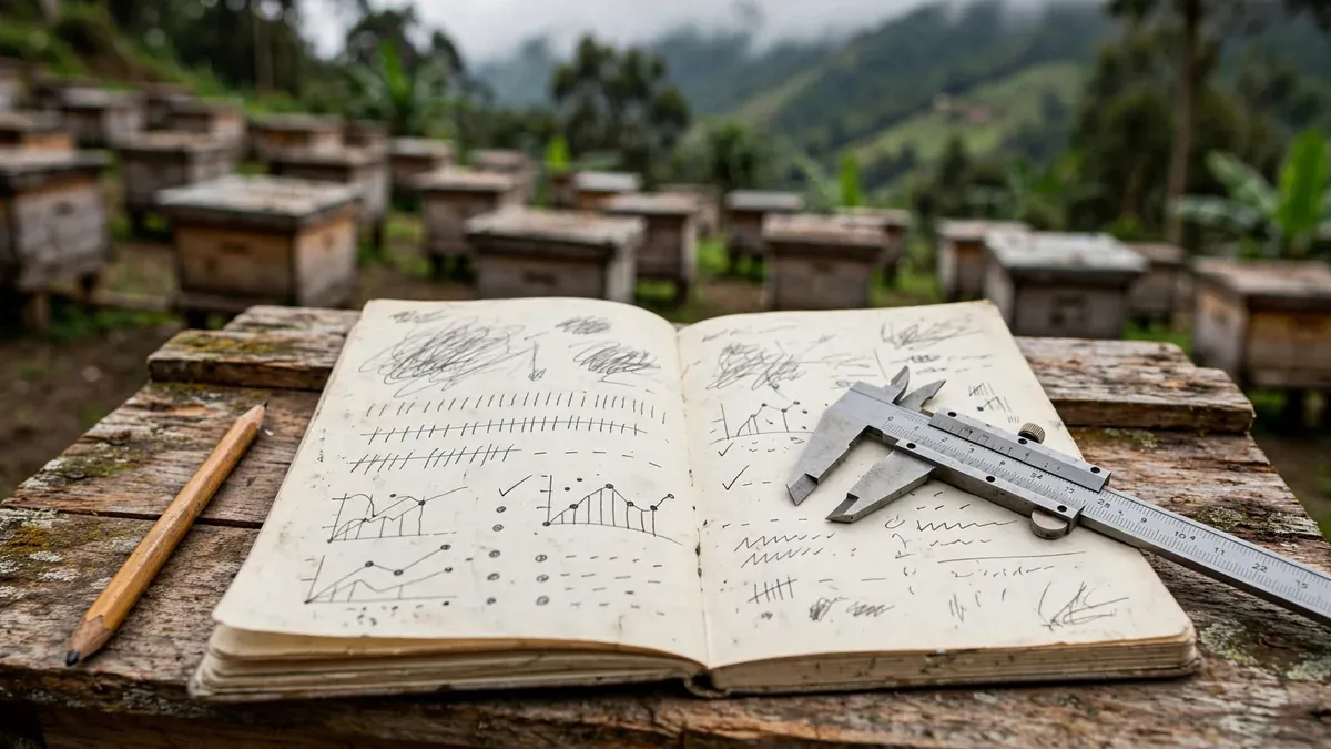 Cuaderno de campo abierto sobre una caja de meliponas, con lápiz, una tabla de datos garabateada ilegible y un pequeño instrumento de medición; hileras de cajas al fondo desenfocadas.