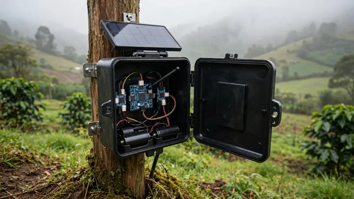 Nodo de edge computing rural: una caja estanca montada en poste con una placa tipo ESP32 y sensores, una diminuta placa solar y dos baterías, en un entorno de campo sin conectividad.