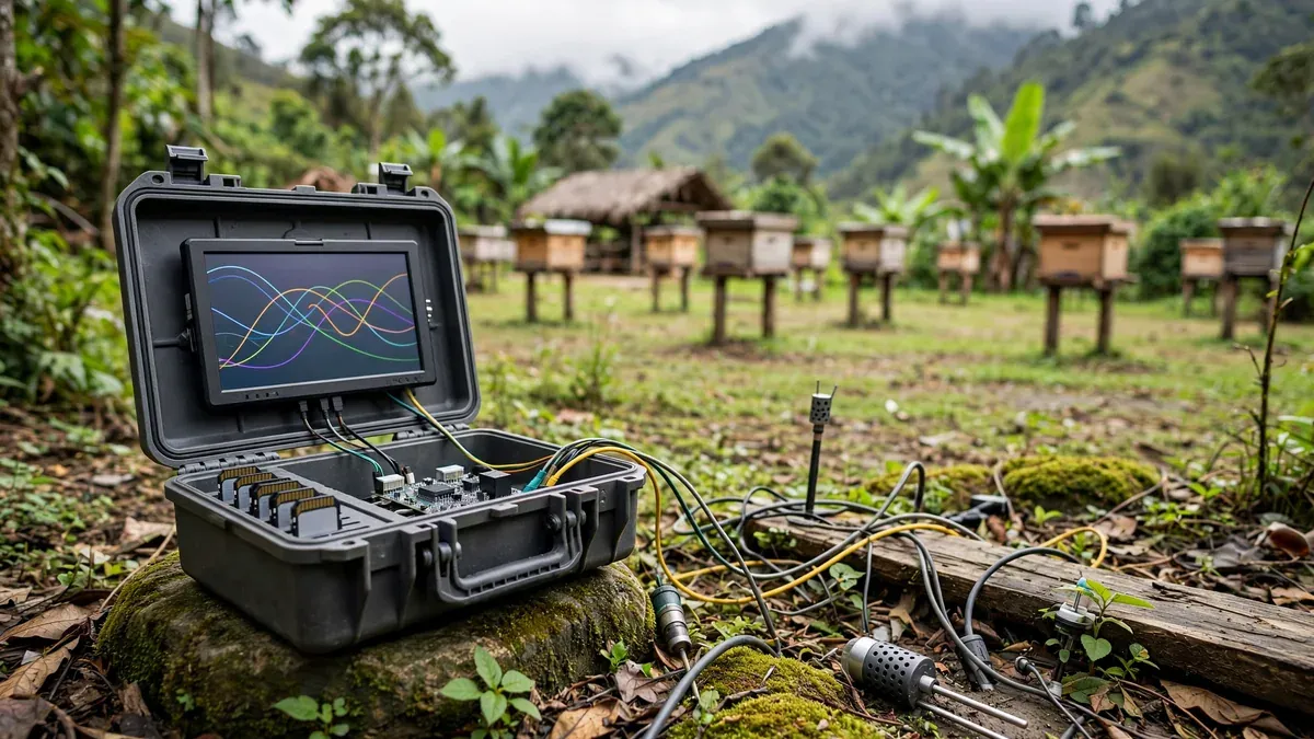 Estación de monitoreo de un gemelo digital rural: una pantalla con curvas abstractas de colores (sin texto legible) sobre un tablero con cables, pequeños sensores y un minicomputador; cajas de abejas al fondo.