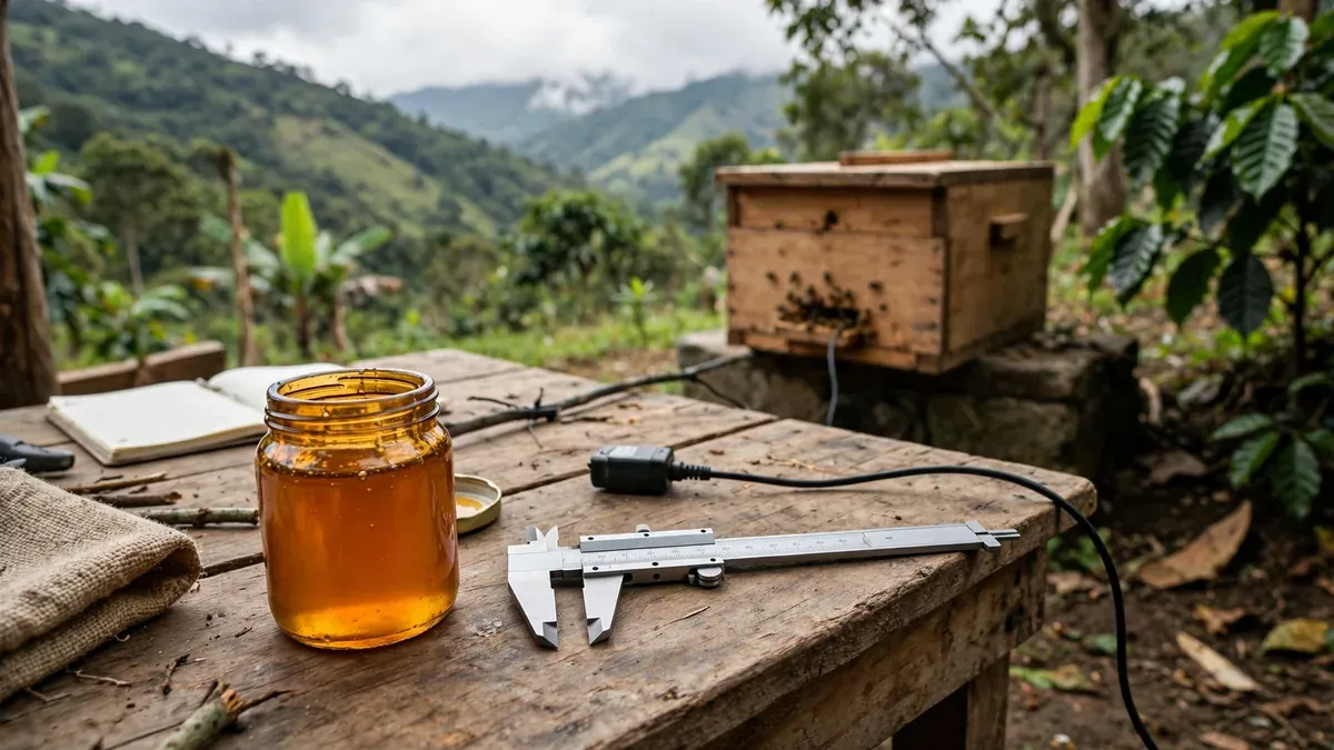 Trazabilidad de un dato a su sensor de origen: un frasco de miel sobre una mesa de campo junto a un pequeño sensor instalado en una caja de abejas, conectados visualmente por una línea de cable; cuaderno sin texto legible.