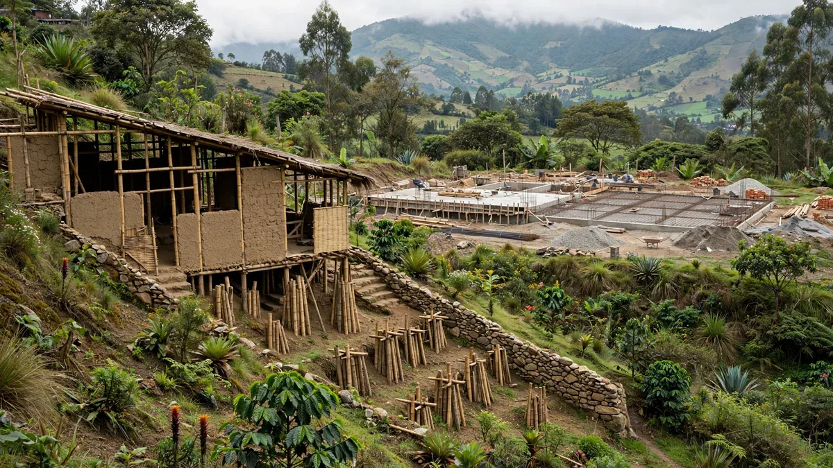 Dos terrenos que piden soluciones distintas: una ladera con una estructura de bioconstrucción en guadúa y tierra adaptada a la pendiente, y al fondo un lote plano con su propio trazado.