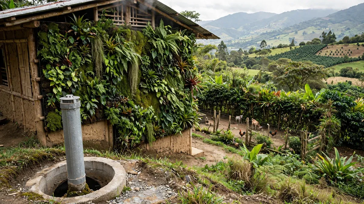 Climatización pasiva y control de olores en una finca: una trinchera o pozo de aire tipo provenzal junto a un muro vegetal, con una zona de animales separada por vegetación densa.