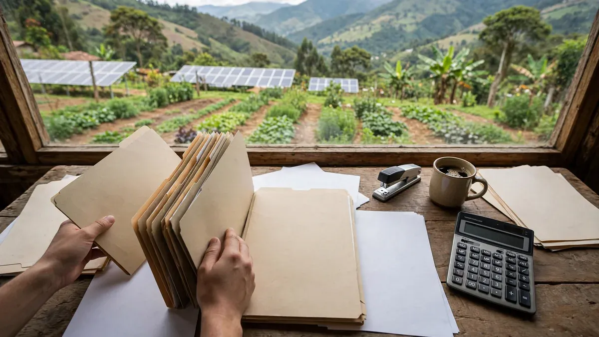 Oficina de campo con gestión de trámites: manos ordenando una carpeta de folios en blanco (sin texto legible) sobre un escritorio, con la finca y sus subsistemas visibles a través de la ventana.