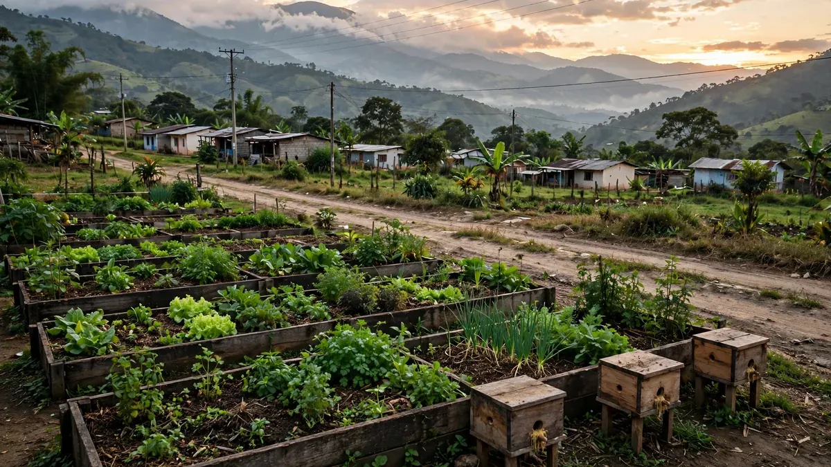 Una granja periurbana al borde de un caserío: huerta y cajas de abejas en primer plano, con casas y una vía de acceso al fondo, mostrando la escala de un proyecto real en las afueras.