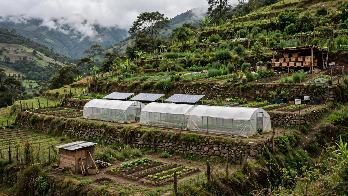 Financiación por fases: una finca que crece por etapas, de una sola caja y un pequeño módulo inicial a un conjunto ampliado de invernaderos, huerta y meliponario en terrazas ascendentes.