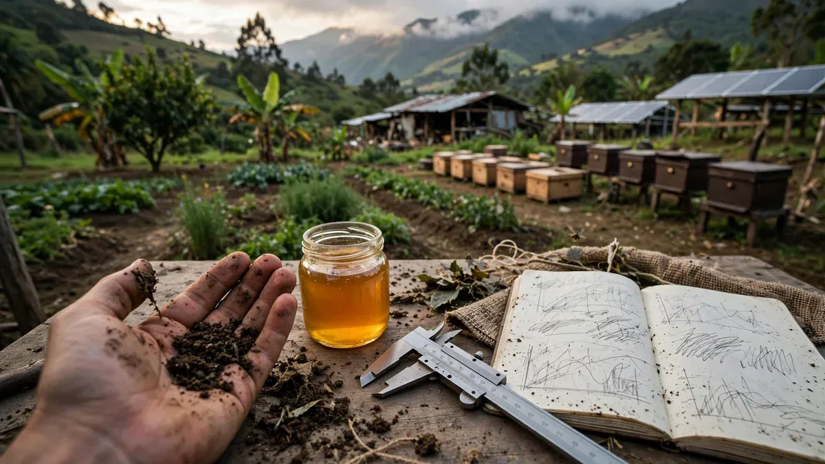 Balance de lo aprendido en campo: herramientas, un cuaderno con gráficas ilegibles y muestras (tierra, miel) sobre una mesa de trabajo, con la finca ya funcionando de fondo.