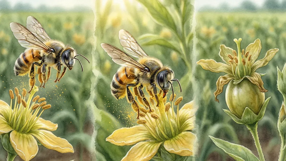 Ilustración de dos abejas sobre una flor amarilla de cultivo, con polen visible y el follaje del campo desenfocado.