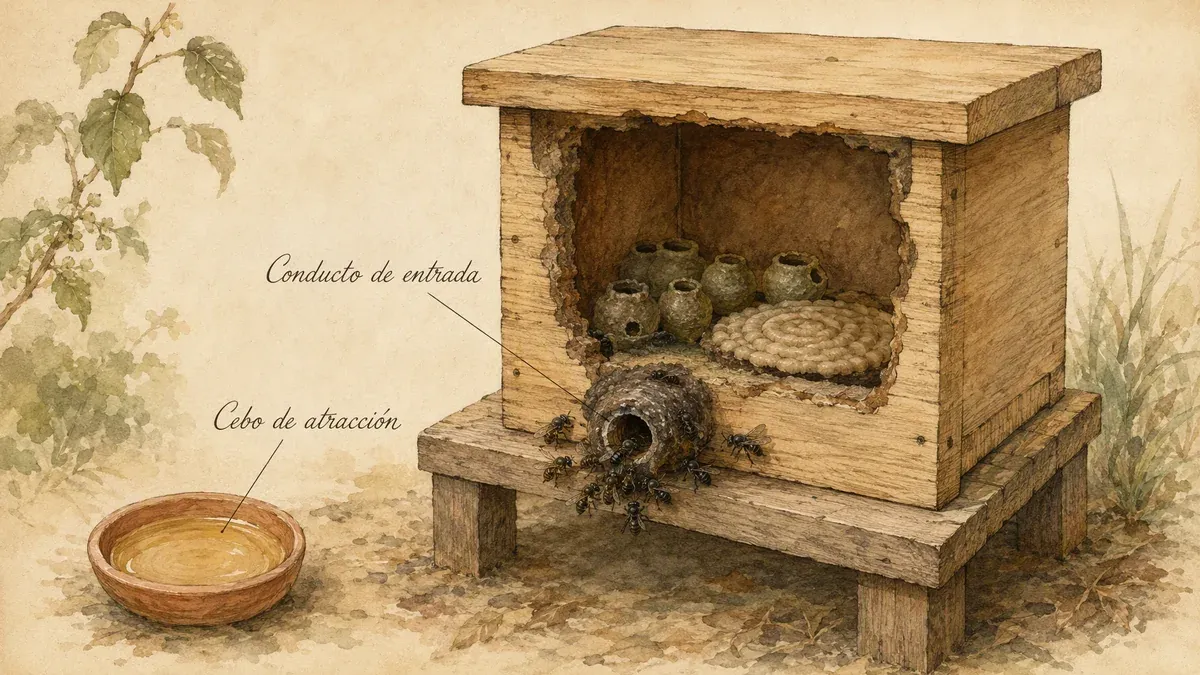 Lámina en acuarela sobre papel crema: corte didáctico de una caja trampa con su conducto de entrada abultado de cerumen oscuro y, adentro, frascos globosos de cerumen y un disco espiralado de cría; un grupo de abejas sin aguijón, oscuras y mate, se agrupa en la boca. Dos rótulos manuscritos en español, «Conducto de entrada» y «Cebo de atracción», señalan el tubo y el platito de miel.