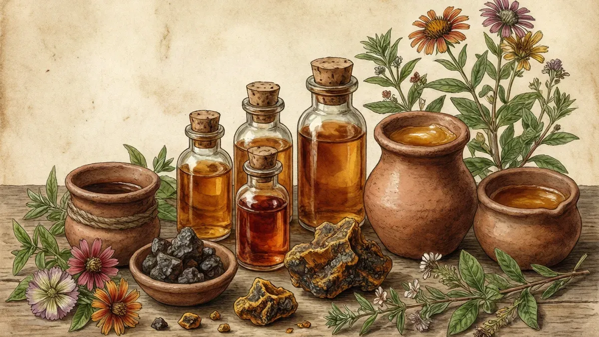 Ilustración de frascos de vidrio con tinturas ámbar, una vasija de barro con miel y trozos de propóleo sobre una mesa de madera, entre flores medicinales.