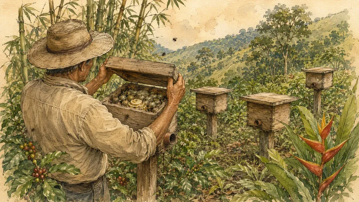 Lámina en acuarela sobre papel crema: un meliponicultor andino de sombrero de palma, tomado por la espalda, levanta la tapa de una caja de un solo cuerpo y deja ver el nido de abejas sin aguijón —frascos globosos de cerumen verdoso y un disco espiralado de cría—. Alrededor, otras cuatro cajas sobre poste repartidas en dos grupos separados por la vegetación, cada una con su única entrada redonda orlada de cerumen, entre guadua, cafeto en cereza y una heliconia, con la loma boscosa al fondo.