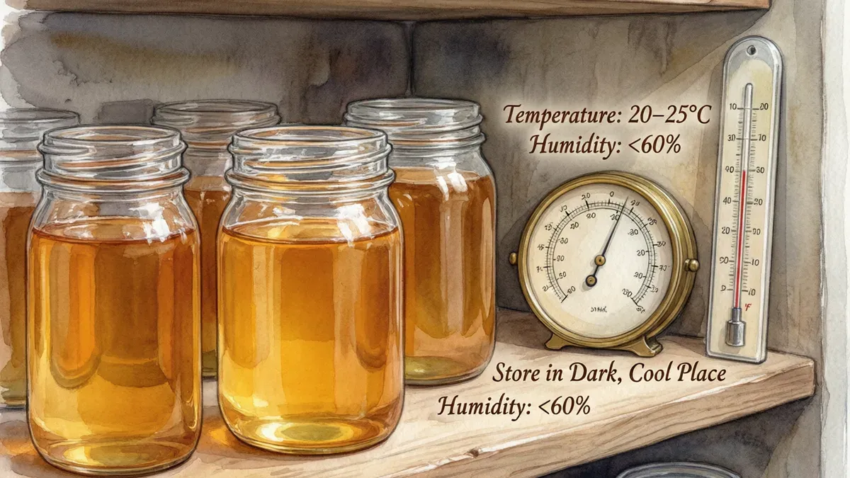 Ilustración de frascos de vidrio llenos de miel dorada sobre una repisa, junto a un termómetro analógico y las notas «Temperature: 20-25°», «Humidity: <60%» y «Store in Dark, Cool Place».