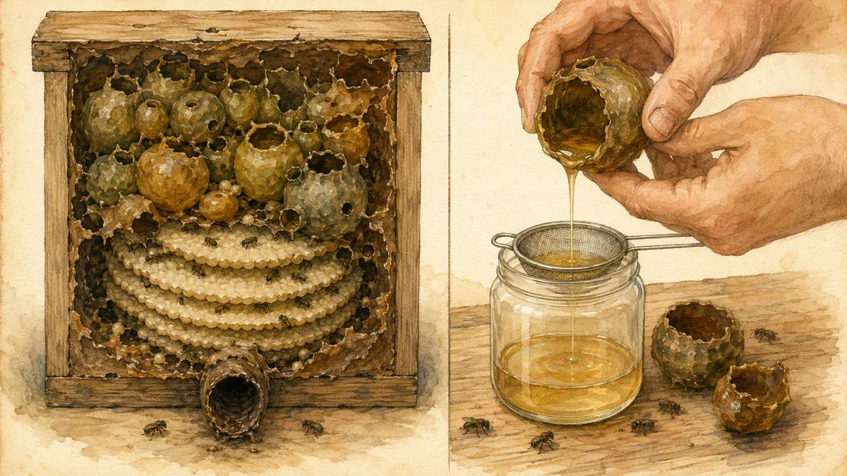 Lámina en acuarela dividida en dos: a la izquierda, el corte de un nido de abejas sin aguijón con sus frascos globosos de cerumen apiñados arriba, los discos espiralados de cría abajo y el conducto de entrada de cerumen en la base; a la derecha, dos manos inclinan un frasco de cerumen abierto y dejan caer un hilo fino de miel clara y fluida por un colador hasta un frasco de vidrio, con dos frascos vacíos y unas obreras oscuras y mate sobre la mesa.