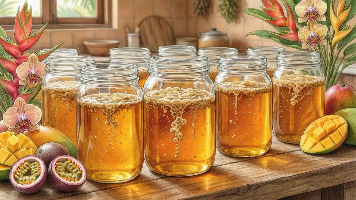 Ilustración de frascos de vidrio con miel dorada en fermentación, con espuma y burbujas en la superficie sobre una mesa de cocina y un maracuyá abierto.