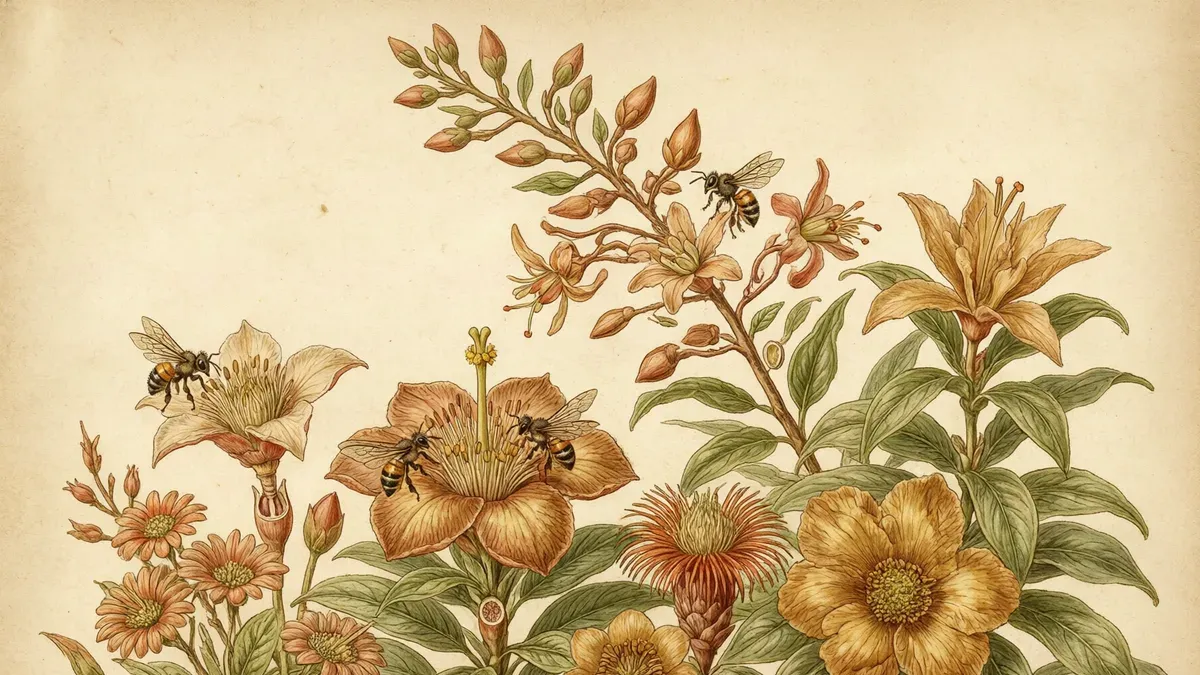 Lámina botánica de ramas con flores anaranjadas y pompones crema de guamo, con abejas sin aguijón posadas sobre los pétalos.