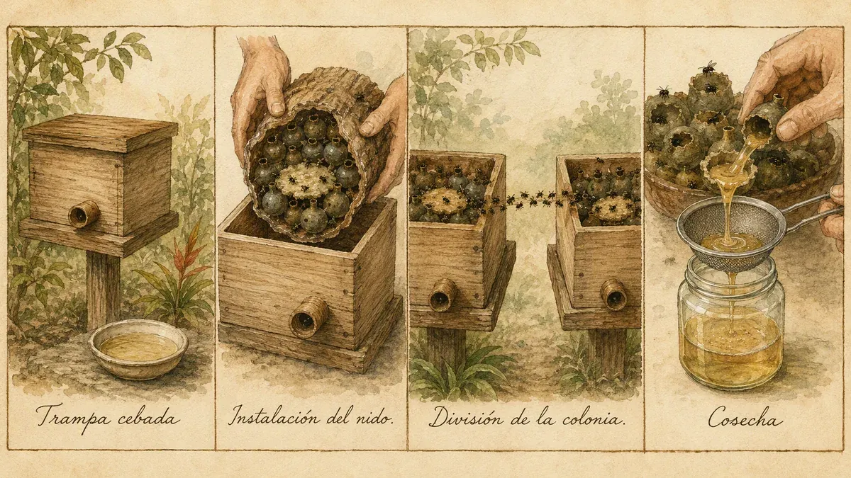 Secuencia ilustrada en cuatro pasos del manejo de un meliponario, rotulada en español con letra manuscrita: «Trampa cebada», «Instalación del nido», «División de la colonia» y «Cosecha». En los cuatro paneles se ven cajas de un solo cuerpo con su entrada redonda de cerumen, frascos globosos de cerumen y discos espiralados de cría, abejas oscuras y mate sin franjas abdominales, y una miel clara y fluida que cae por un colador fino a un frasco de vidrio.
