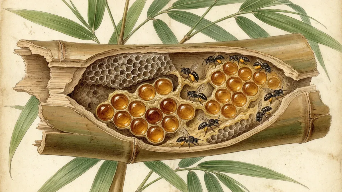 Corte transversal de una caña de guadua hueca que revela un nido de abejas sin aguijón con panales de cría y cuentas de néctar ámbar, sobre hojas de bambú.