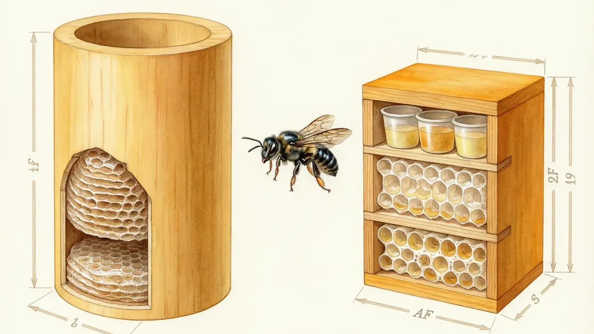 Ilustración lado a lado de una caja cilíndrica de guadua con panales y una abeja, frente a una caja rectangular de madera abierta con bastidores y frascos de miel, rotulada AF.