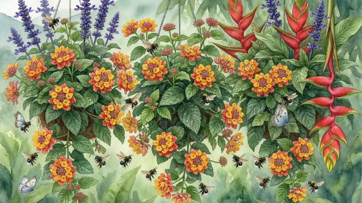 Ilustración de un macizo de lantana en flor con espigas de salvia morada y brácteas rojas de heliconia, con abejas sin aguijón entre las flores.