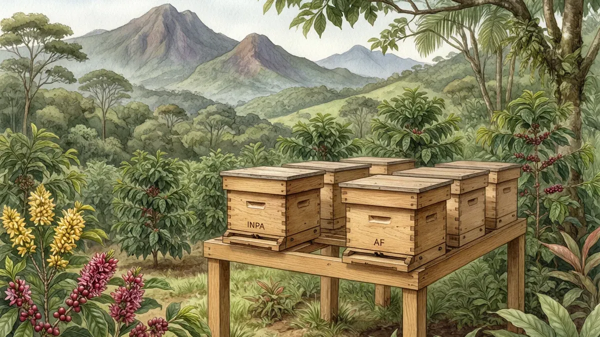 Cuatro cajas de meliponario de madera, rotuladas INPA y AF, montadas sobre caballetes en un cafetal con montañas de fondo.