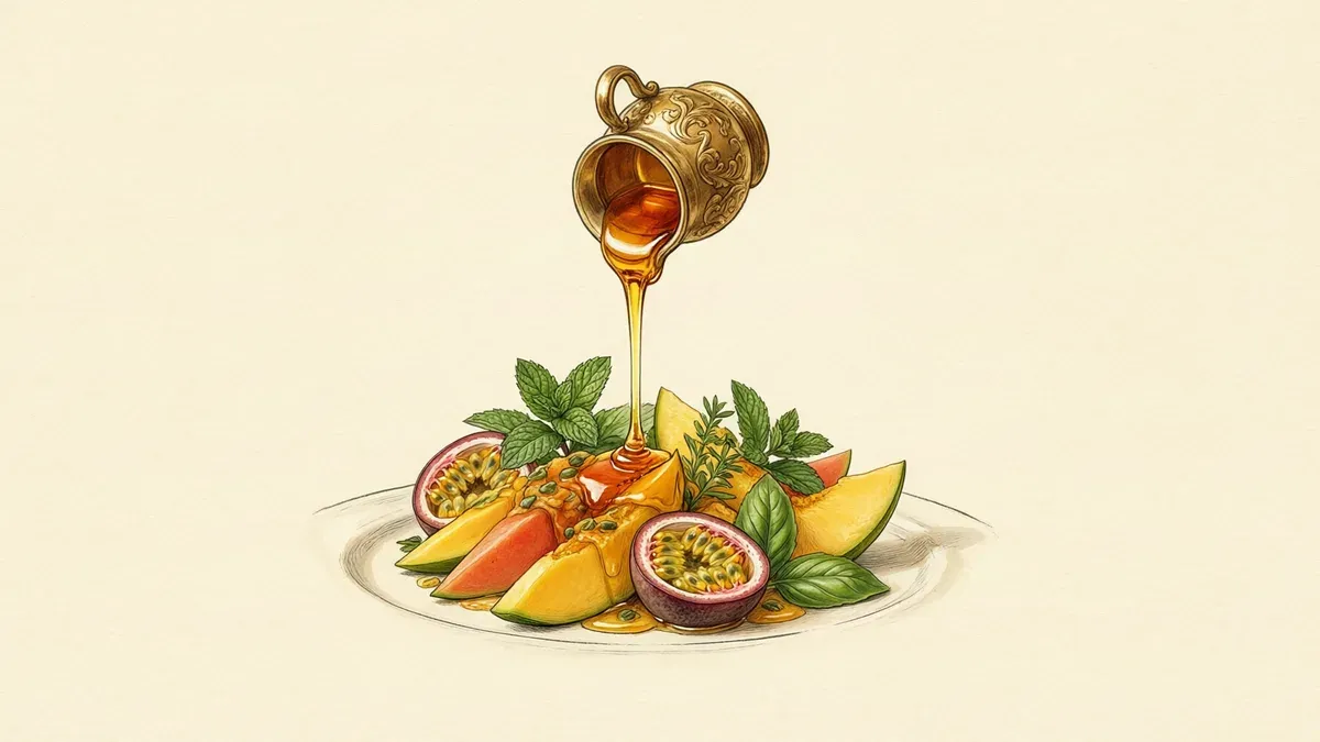 Ilustración de una jarra dorada que vierte miel en hilos sobre un plato de fruta troceada —maracuyá, mango y sandía— adornado con hojas de menta.