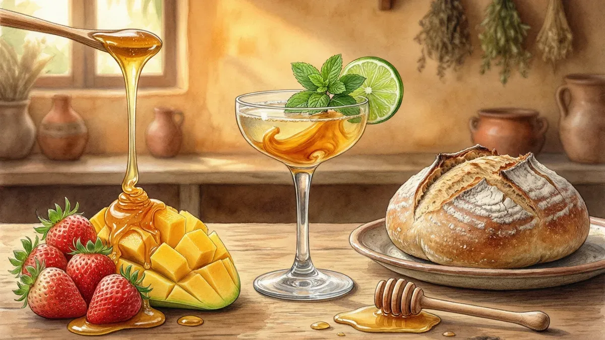 Fotografía de un cóctel de miel en copa con menta y rodaja de limón, junto a mango troceado, una fresa, un pan rústico y un cucharón de madera escurriendo miel sobre la mesa.
