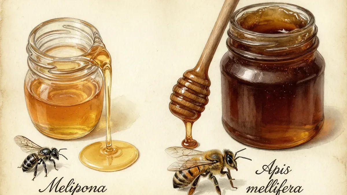 Ilustración comparativa: a la izquierda un frasco de miel clara con cucharilla goteando, rotulado 'Melipona'; a la derecha un frasco de miel oscura y una abeja Apis mellifera rayada.