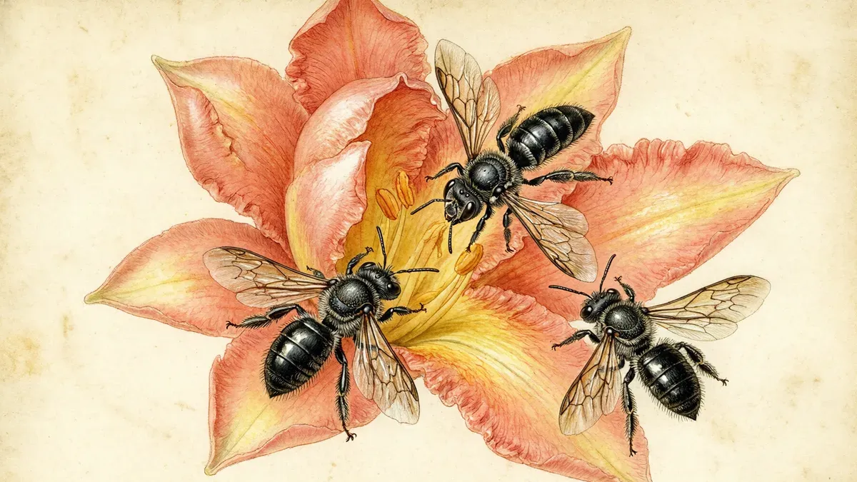 Tres abejas sin aguijón, negras y de alas transparentes, sobre una flor coral de pétalos amarillos.