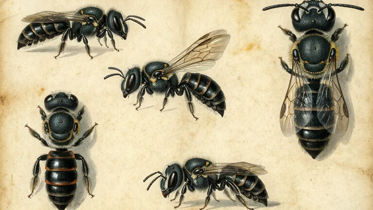 Lámina de estudio con varios ejemplares de abejas sin aguijón negras, de distinto tamaño, dibujados sobre papel crema.