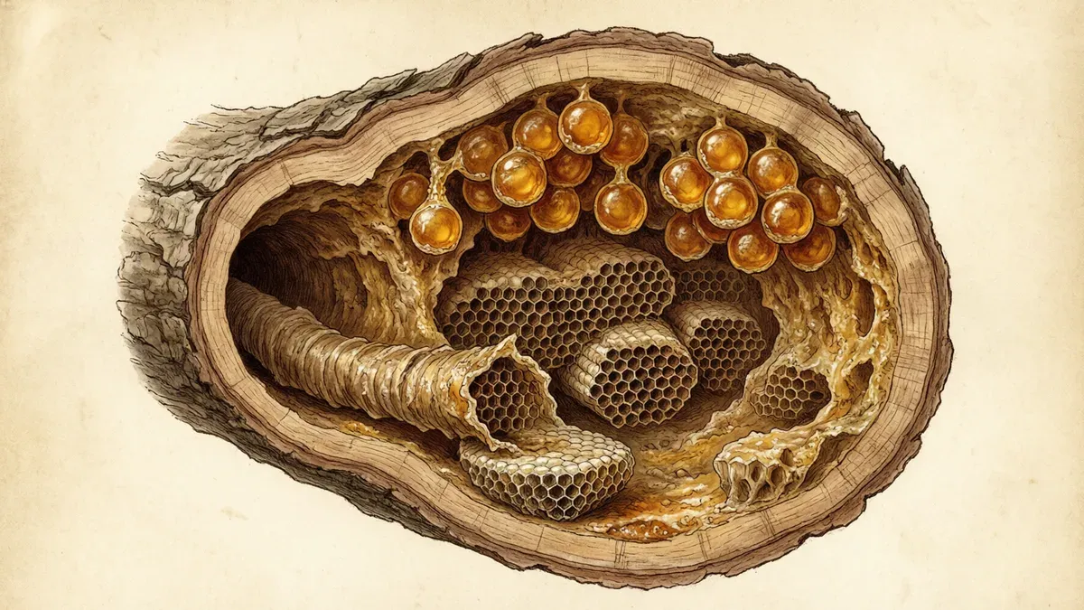 Interior de un tronco hueco que muestra el nido de una melipona: conducto de entrada de cerumen, panales de cría superpuestos y cuentas de almacenamiento ámbar.