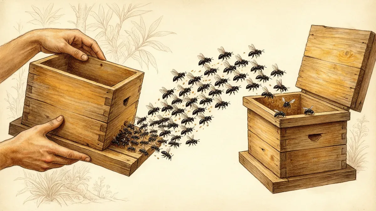 Ilustración del trasiego de una colonia: una mano sostiene una caja de madera vacía mientras una columna de abejas sin aguijón se desplaza hacia la caja nueva de la derecha, que ya tiene panales.