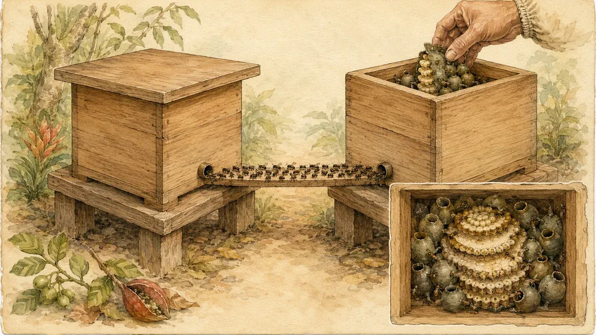 Lámina en acuarela de la división de una colonia: dos cajas de un solo cuerpo sobre banco, cada una con su única entrada redonda de cerumen, unidas por un puente de madera por el que camina una columna densa de abejas oscuras y mate desde la caja donante hasta la receptora; una mano deposita panal de cría en la caja nueva y, abajo a la derecha, un recuadro de detalle muestra adentro los frascos globosos de cerumen y los discos espiralados de cría.