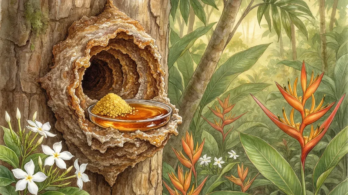 Nido de abejas sin aguijón en el hueco de un tronco, con un plato de alimento —polen amarillo y jarabe— colocado en la entrada y heliconias alrededor.