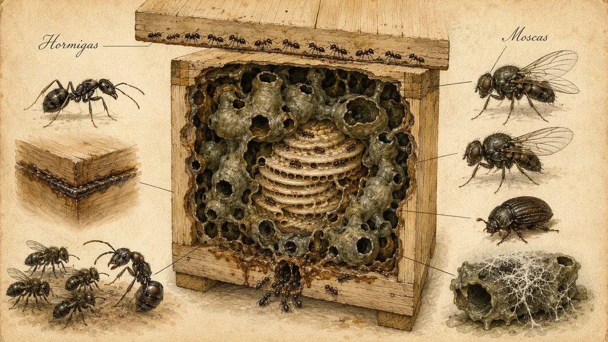 Lámina en acuarela sobre las plagas de un nido de abejas sin aguijón: en el centro, el corte de la caja con sus frascos globosos de cerumen y los discos espiralados de cría; alrededor, dibujados a mayor escala y unidos por líneas guía, una hilera de hormigas bajo la tapa, dos moscas de cuerpo encorvado, un escarabajo oscuro y un frasco abandonado cubierto de hongos. A la izquierda, el cordón de resina oscura que sella una junta y las obreras oscuras y mate que enfrentan una hormiga. Dos rótulos manuscritos en español dicen «Hormigas» y «Moscas».