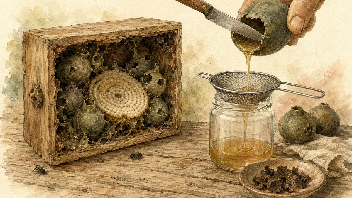 Lámina en acuarela de la cosecha de miel de abejas sin aguijón: sobre una mesa de madera, una caja de un solo cuerpo acostada deja ver sus frascos globosos de cerumen y un disco espiralado de cría; a la derecha, una mano inclina un frasco de cerumen recién abierto con un cuchillo cerca y suelta un hilo fino de miel clara y dorada que pasa por un colador hasta un frasco de vidrio, junto a dos frascos cerrados, un lienzo y un platito con trozos de propóleo.