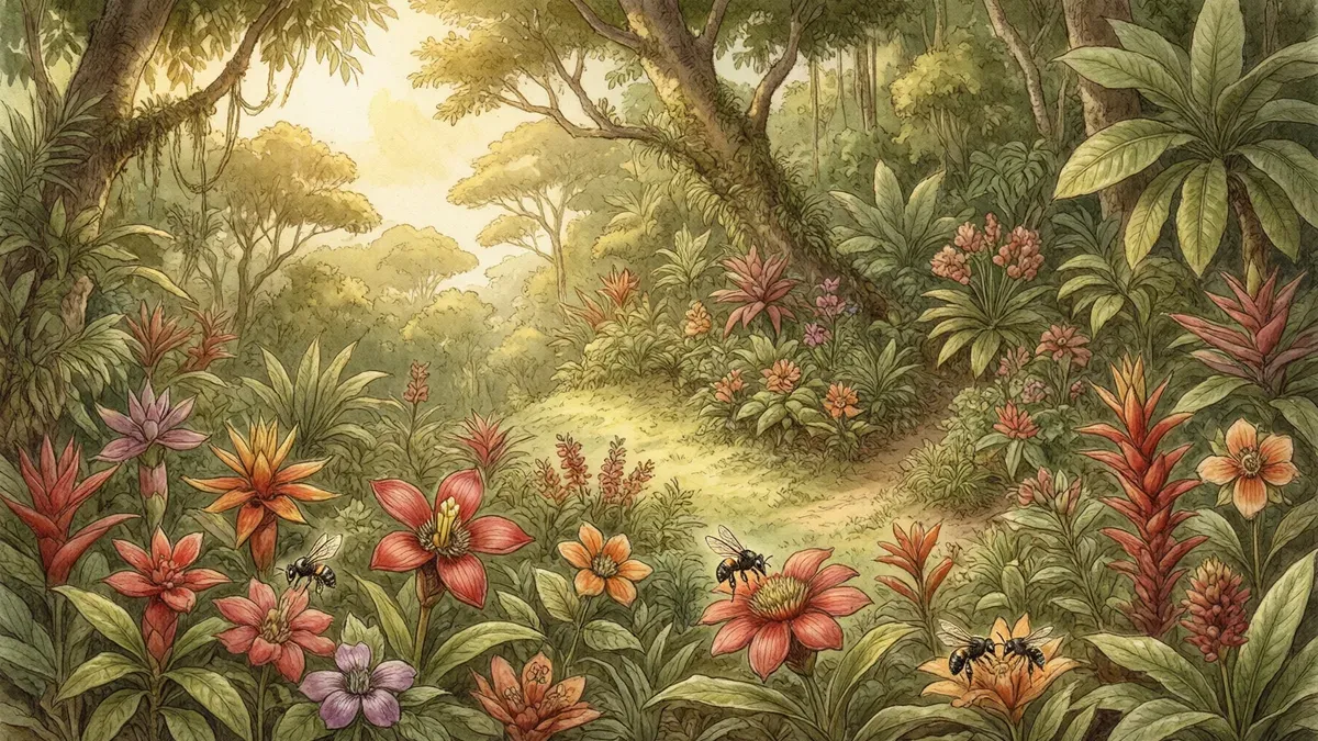 Ilustración de un sendero de parque boscoso entre flores rojas y naranjas, con abejas sin aguijón visitándolas y un gran árbol al fondo.