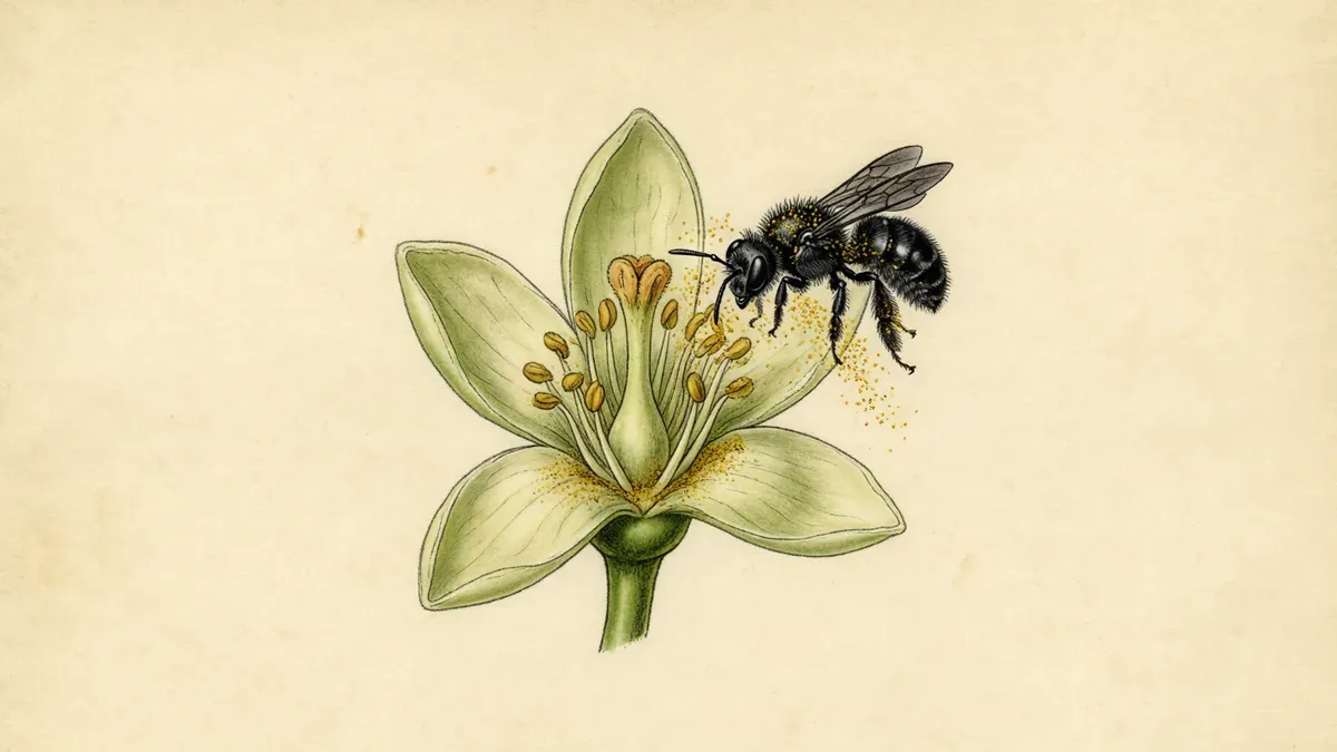 Lámina botánica de una flor verde pálido de aguacate con una abeja sin aguijón negra sobre los estambres, sobre fondo crema.