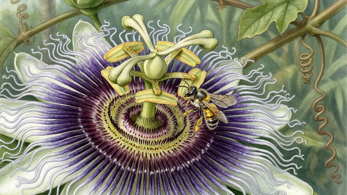 Primer plano ilustrado de una flor de maracuyá con corola púrpura y filamentos, y una abeja sobre su columna reproductora.
