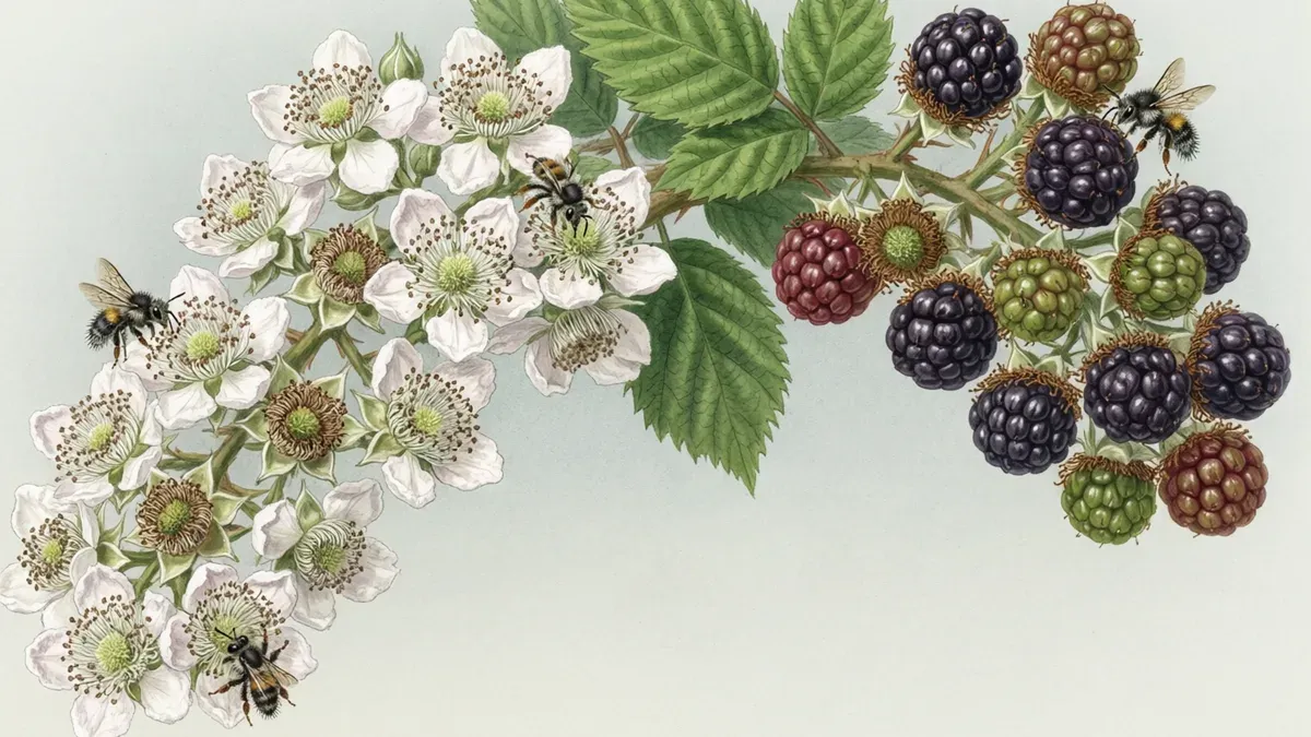 Lámina botánica de un racimo de flores blancas de mora con una abeja, y bayas maduras oscuras y rojas en la rama derecha.