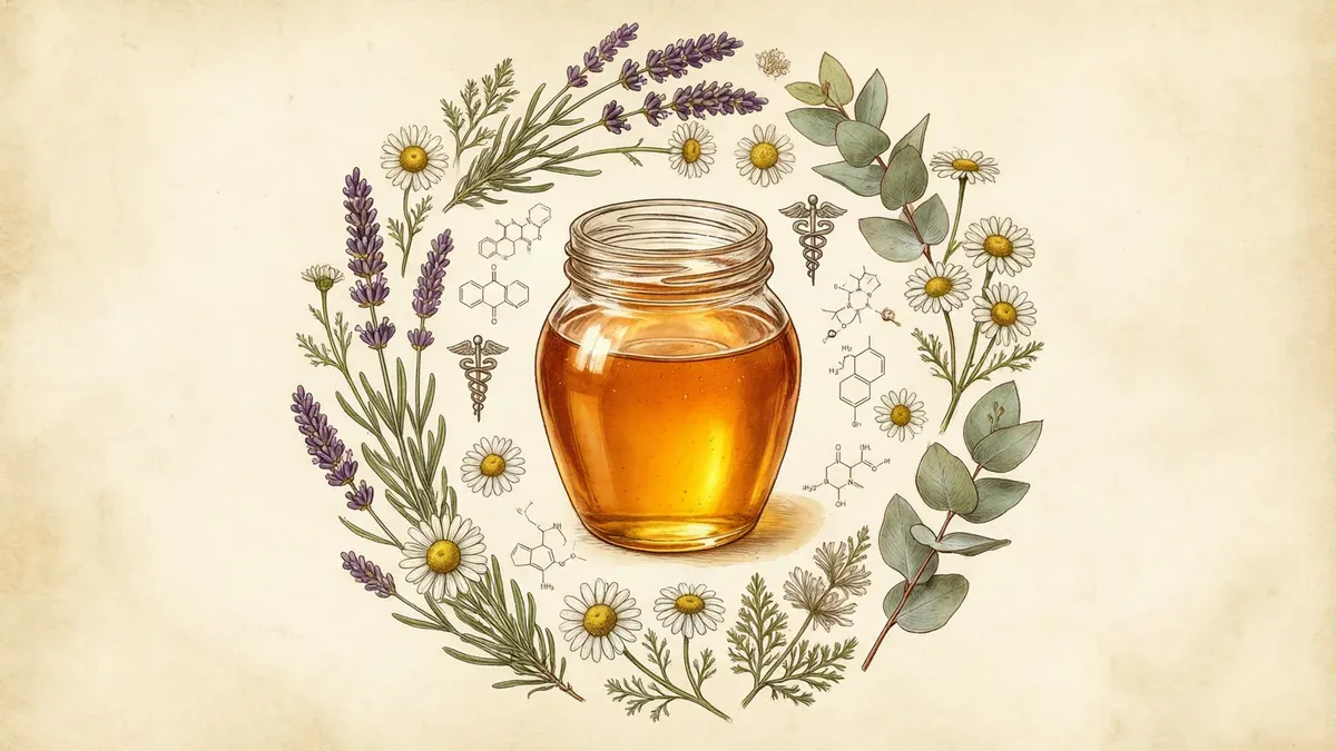 Frasco de miel ámbar rodeado de una corona de hierbas —lavanda, manzanilla, eucalipto—, con fórmulas químicas y símbolos médicos dibujados al margen.