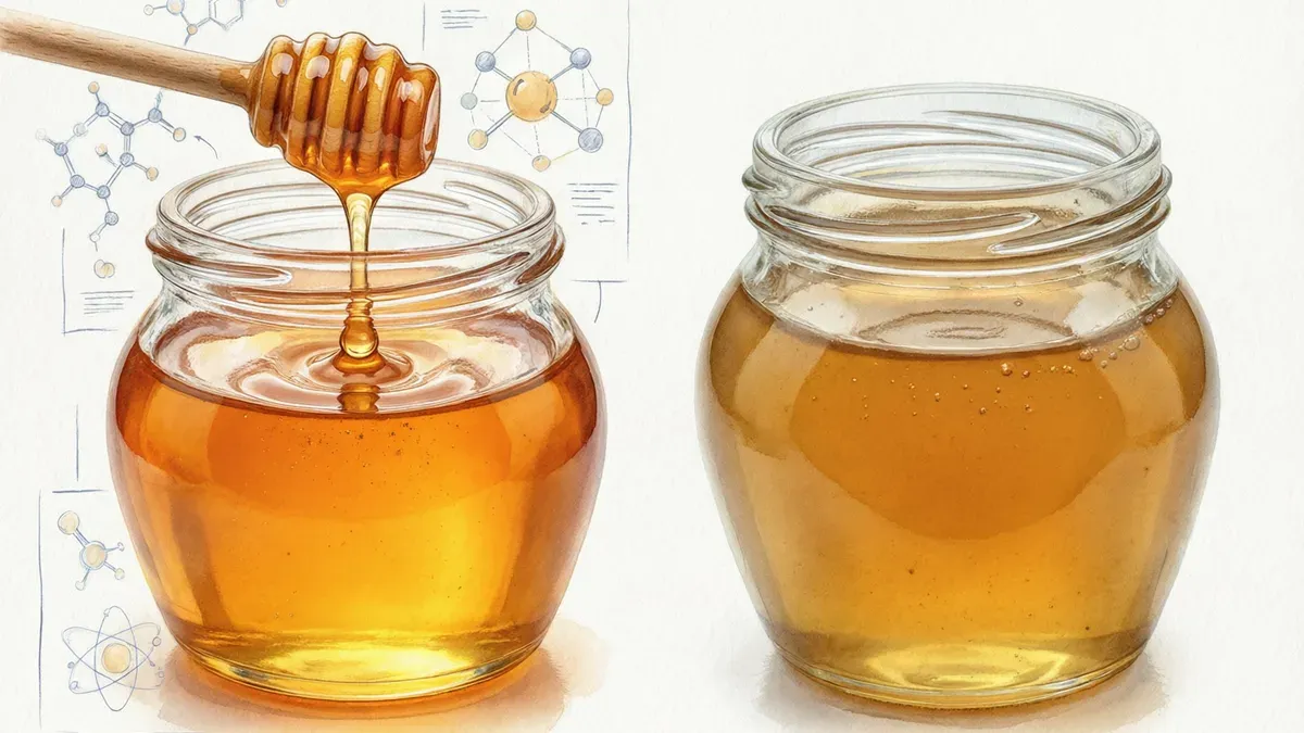 Dos frascos de vidrio con miel: a la izquierda uno dorado con una cucharilla giratoria escurriendo; a la derecha uno pálido y translúcido, con un diagrama molecular al fondo.